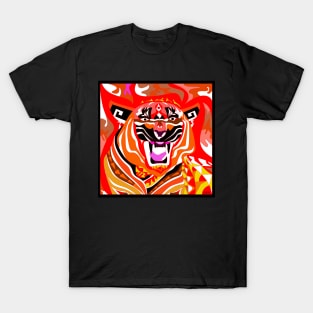 white tiger art in zentangle totonac ecopop in black T-Shirt